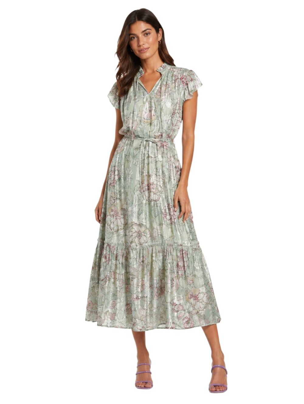 NEW Ciebon Hilma Metallic Floral Print Maxi Dress Green Size Large
